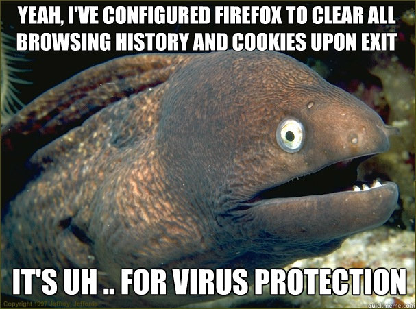 yeah, i've configured firefox to clear all browsing history and cookies upon exit it's uh .. for virus protection - yeah, i've configured firefox to clear all browsing history and cookies upon exit it's uh .. for virus protection  Caught in the act Moray