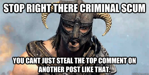 Stop Right There Criminal Scum You cant just steal the top comment on another post like that. - Stop Right There Criminal Scum You cant just steal the top comment on another post like that.  Skyrim time wasting