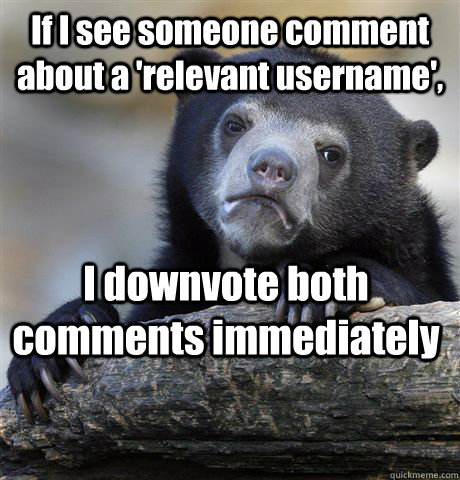 If I see someone comment about a 'relevant username', I downvote both comments immediately - If I see someone comment about a 'relevant username', I downvote both comments immediately  Confession Bear