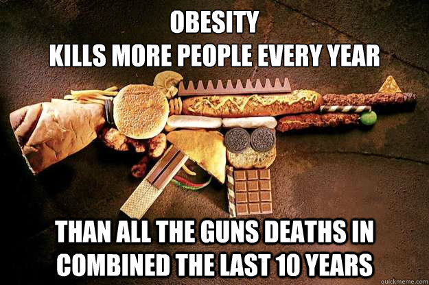 obesity
Kills more people every year than all the guns deaths in combined the last 10 years - obesity
Kills more people every year than all the guns deaths in combined the last 10 years  Misc