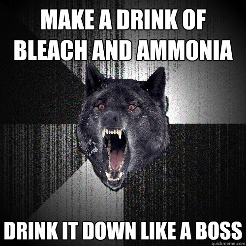Make a drink of bleach and ammonia Drink it down like a boss  Insanity Wolf