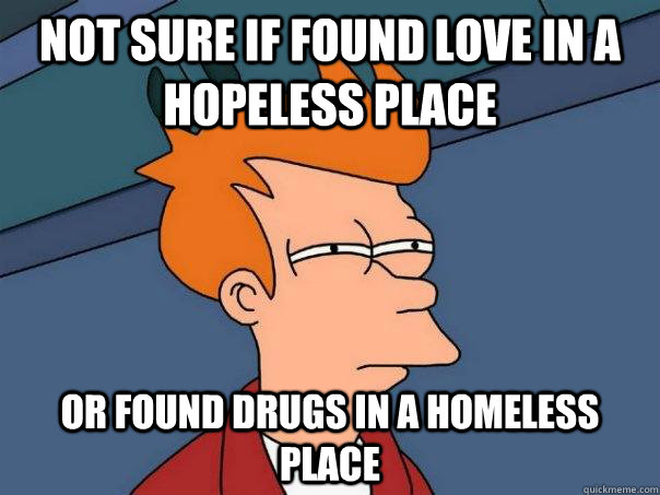 Not sure if found love in a hopeless place Or found drugs in a homeless place - Not sure if found love in a hopeless place Or found drugs in a homeless place  Futurama Fry