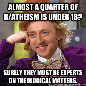 Almost a quarter of r/Atheism is under 18? surely they must be experts on theological matters.  willy wonka