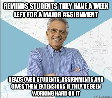 Reminds students they have a week left for a major assignment reads over students' assignments and gives them extensions if they've been working hard on it  Good guy professor