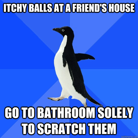 itchy balls at a friend's house go to bathroom solely to scratch them  Socially Awkward Penguin