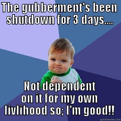 THE GUBBERMENT'S BEEN SHUTDOWN FOR 3 DAYS.... NOT DEPENDENT ON IT FOR MY OWN LIVLIHOOD SO; I'M GOOD!! Success Kid