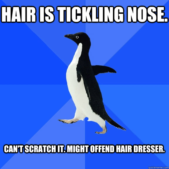 Hair is tickling nose.  Can't scratch it. Might offend hair dresser.   Socially Awkward Penguin