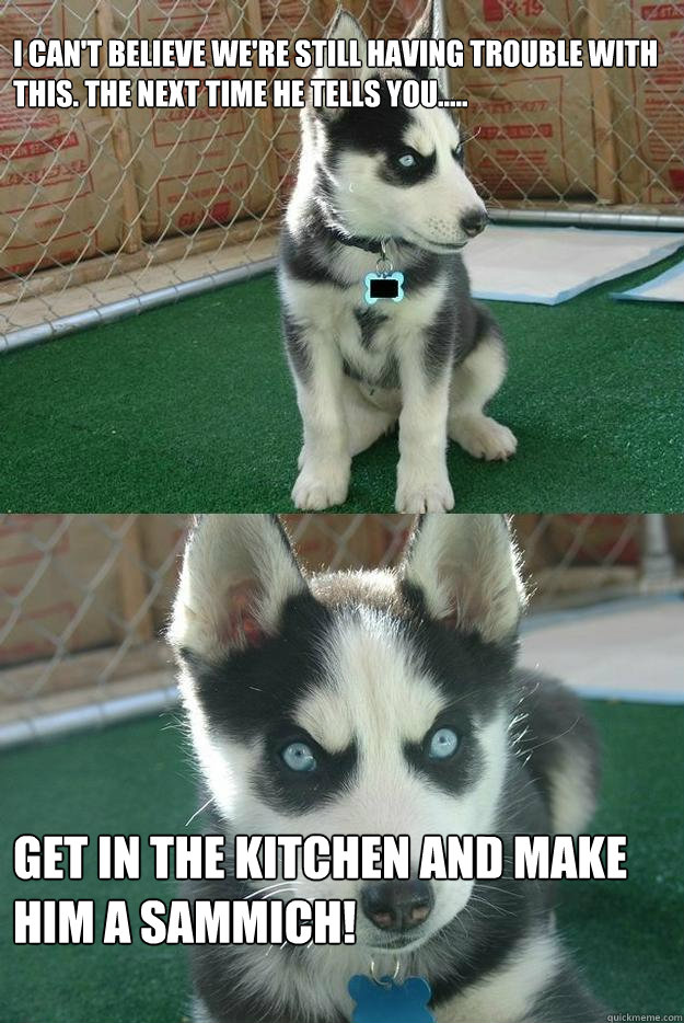 I can't believe we're still having trouble with this. the next time he tells you.....



 get in the kitchen and make him a sammich!  Insanity puppy
