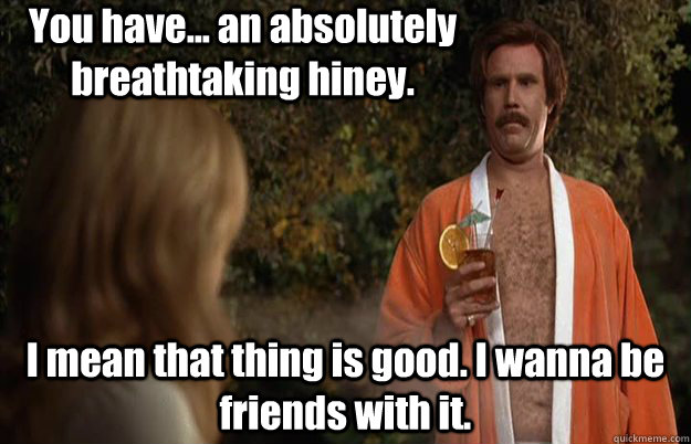 You have... an absolutely breathtaking hiney. I mean that thing is good. I wanna be friends with it. - You have... an absolutely breathtaking hiney. I mean that thing is good. I wanna be friends with it.  Flirty Ron Burgundy