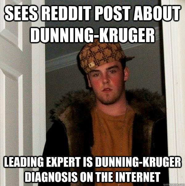 sees reddit post about Dunning-Kruger leading expert is Dunning-Kruger diagnosis on the internet  Scumbag Steve