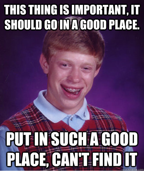 This thing is important, it should go in a good place. Put in such a good place, can't find it  Bad Luck Brian