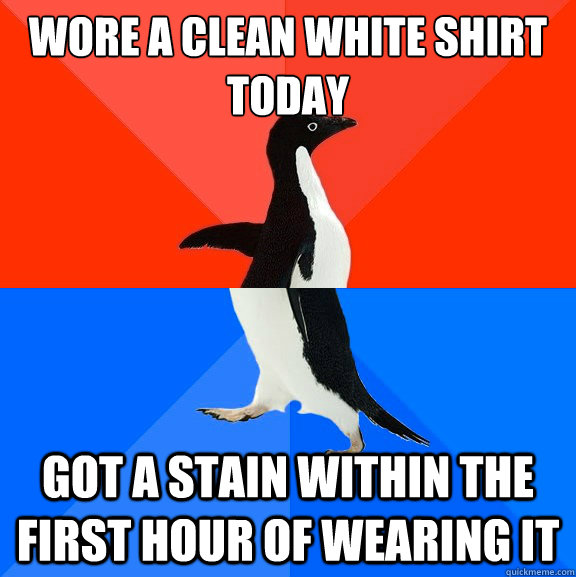 Wore a clean white shirt today  Got a stain within the first hour of wearing it  Socially Awesome Awkward Penguin