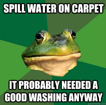 Spill water on carpet it probably needed a good washing anyway  Foul Bachelor Frog