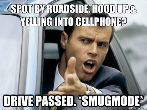 SPOT BY ROADSIDE, HOOD UP & YELLING INTO CELLPHONE?
 DRIVE PASSED. *SMUGMODE*  Asshole driver