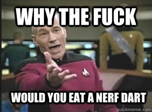 why the fuck would you eat a nerf dart  Annoyed Picard
