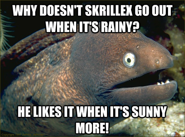 Why doesn't skrillex go out when it's rainy? He likes it when it's sunny more!  Bad Joke Eel