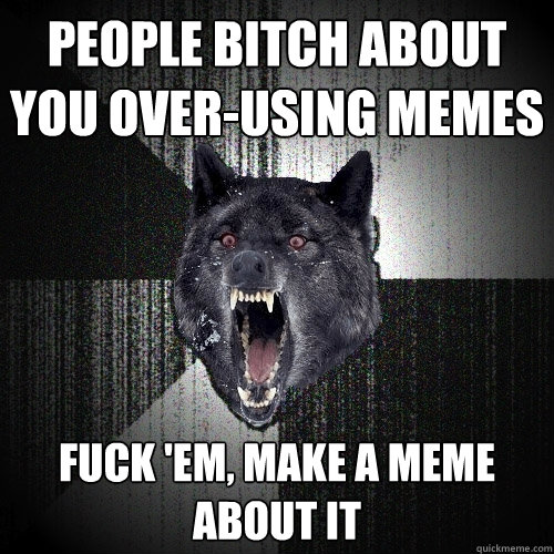 people bitch about you over-using memes fuck 'em, make a meme about it  Insanity Wolf