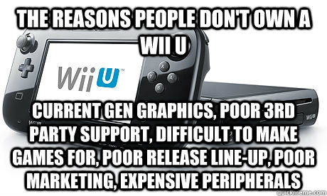 The reasons people don't own a Wii U Current gen graphics, poor 3rd party support, difficult to make games for, poor release line-up, poor marketing, expensive peripherals  