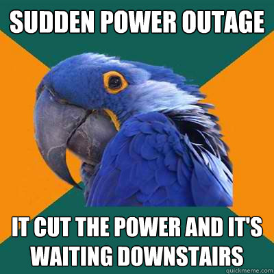 sudden power outage it cut the power and it's waiting downstairs  Paranoid Parrot
