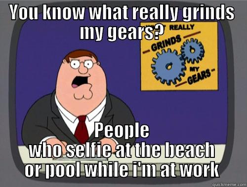 YOU KNOW WHAT REALLY GRINDS MY GEARS? PEOPLE WHO SELFIE AT THE BEACH OR POOL WHILE I'M AT WORK Grinds my gears