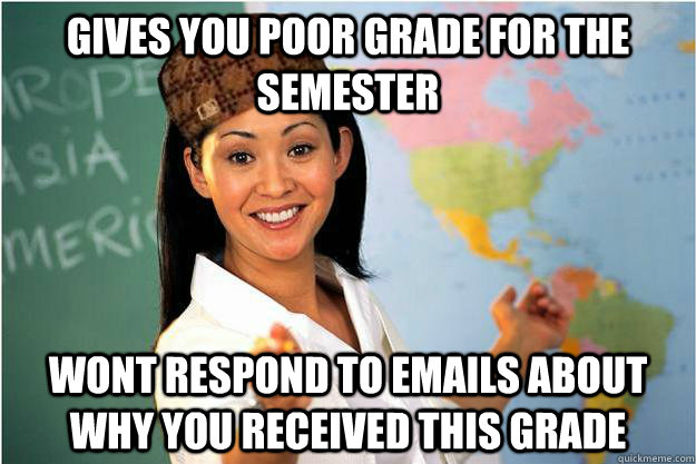 Gives you poor grade for the semester wont respond to emails about why you received this grade  Scumbag Teacher