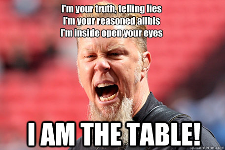 I'm your truth, telling lies
I'm your reasoned alibis
I'm inside open your eyes I AM THE TABLE!  I AM THE TABLE - James Hetfield