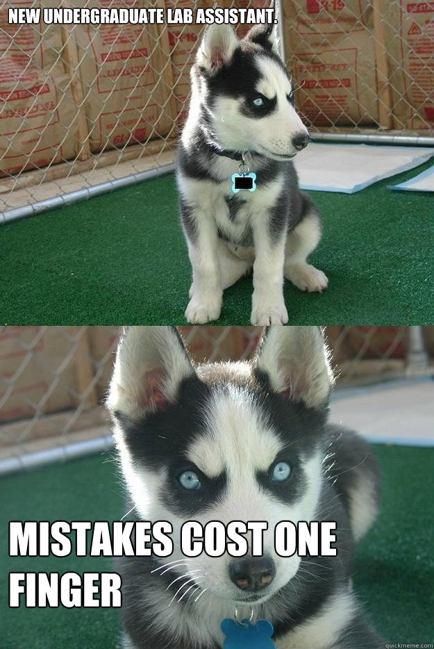 New undergraduate lab assistant. Mistakes cost one finger  Insanity puppy