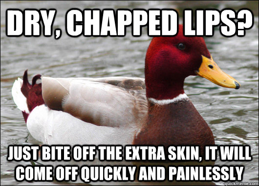 Dry, chapped lips? Just bite off the extra skin, it will come off quickly and painlessly - Dry, chapped lips? Just bite off the extra skin, it will come off quickly and painlessly  Malicious Advice Mallard