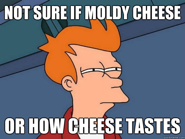 not sure if moldy cheese Or how cheese tastes  Futurama Fry