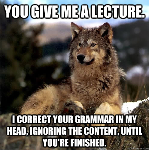 You give me a lecture. I correct your grammar in my head, ignoring the content, until you're finished. - You give me a lecture. I correct your grammar in my head, ignoring the content, until you're finished.  Aspie Wolf