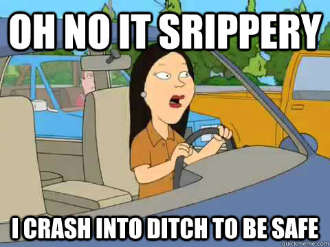 Oh no it srippery i crash into ditch to be safe  