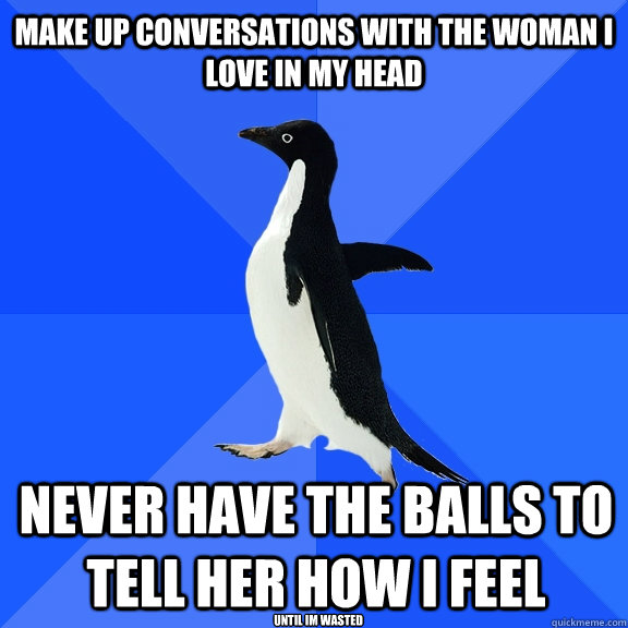 make up conversations with the woman i love in my head never have the balls to tell her how i feel until im wasted  Socially Awkward Penguin