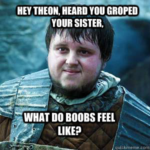Hey Theon, heard you groped your sister, What do boobs feel like?  