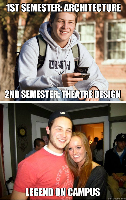 1st semester: Architecture 2nd semester: theatre design legend on campus  1 month later