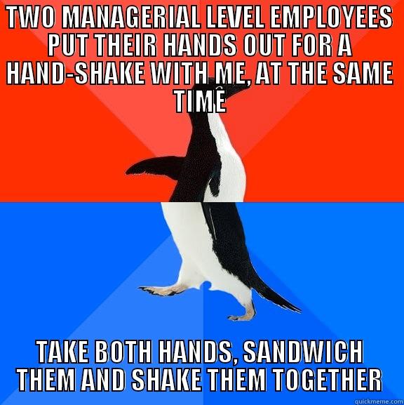 TWO MANAGERIAL LEVEL EMPLOYEES PUT THEIR HANDS OUT FOR A HAND-SHAKE WITH ME, AT THE SAME TIME TAKE BOTH HANDS, SANDWICH THEM AND SHAKE THEM TOGETHER Socially Awesome Awkward Penguin