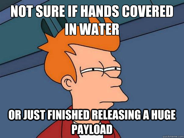 NOT SURE IF HANDS COVERED IN WATER OR JUST FINISHED RELEASING A HUGE PAYLOAD  Futurama Fry