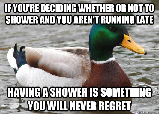 If you're deciding whether or not to shower and you aren't running late Having a shower is something you will never regret - If you're deciding whether or not to shower and you aren't running late Having a shower is something you will never regret  Actual Advice Mallard