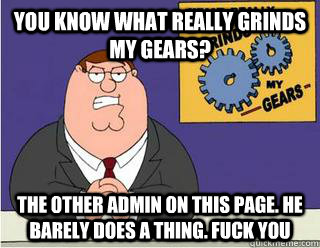 You Know What really grinds my gears? The other Admin On this page. He barely does a thing. Fuck you  Grinds my gears