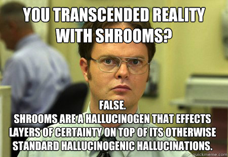 You transcended reality with shrooms? False.
shrooms are a hallucinogen that effects layers of certainty on top of its otherwise standard hallucinogenic hallucinations. - You transcended reality with shrooms? False.
shrooms are a hallucinogen that effects layers of certainty on top of its otherwise standard hallucinogenic hallucinations.  Dwight