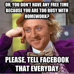 Oh, you don't have any free time because you are too busy with homework? Please, tell facebook that everyday  Condescending Wonka