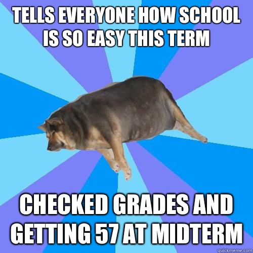 Tells everyone how school is so easy this term Checked grades and getting 57 At midterm  Lazy college student