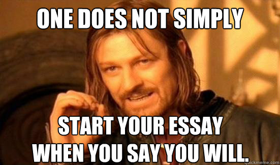 One Does Not Simply Start your essay
when you say you will.   Boromir