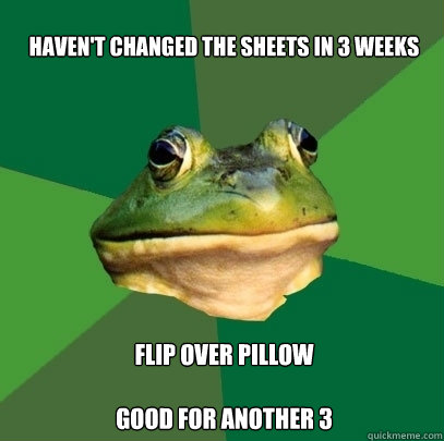 Haven't changed the sheets in 3 weeks

 Flip over pillow

Good for another 3  Foul Bachelor Frog