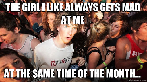 The girl I like always gets mad at me
 at the same time of the month...  Sudden Clarity Clarence