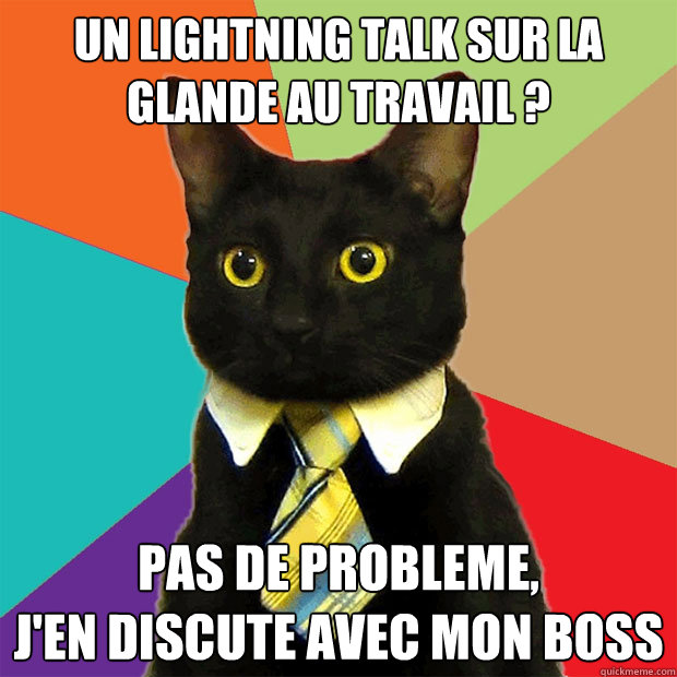 un lightning talk sur la glande au travail ? pas de probleme,
j'en discute avec mon boss - un lightning talk sur la glande au travail ? pas de probleme,
j'en discute avec mon boss  Business Cat