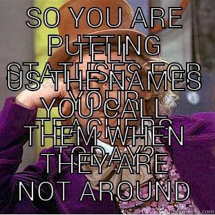 SO YOU ARE PUTTING STATUSES FOR YOUR TEACHERS TODAY? TELL US THE NAMES YOU CALL THEM WHEN THEY ARE NOT AROUND Condescending Wonka