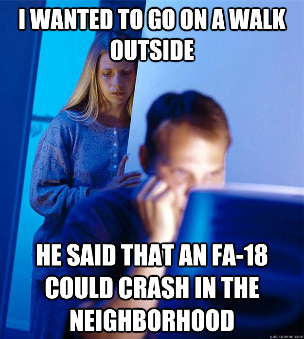 i wanted to go on a walk outside he said that an FA-18 could crash in the neighborhood  Redditors Wife