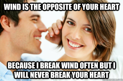 wind is the opposite of your heart because i break wind often but i will never break your heart - wind is the opposite of your heart because i break wind often but i will never break your heart  Bad Pick-up line Paul