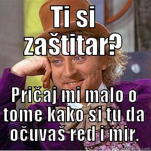 TI SI ZAŠTITAR? PRIČAJ MI MALO O TOME KAKO SI TU DA OČUVAŠ RED I MIR. Condescending Wonka