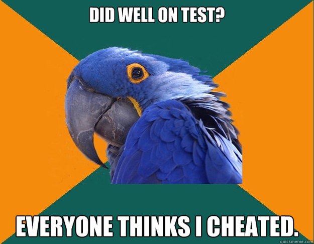 Did well on test?  Everyone thinks I cheated.   Paranoid Parrot